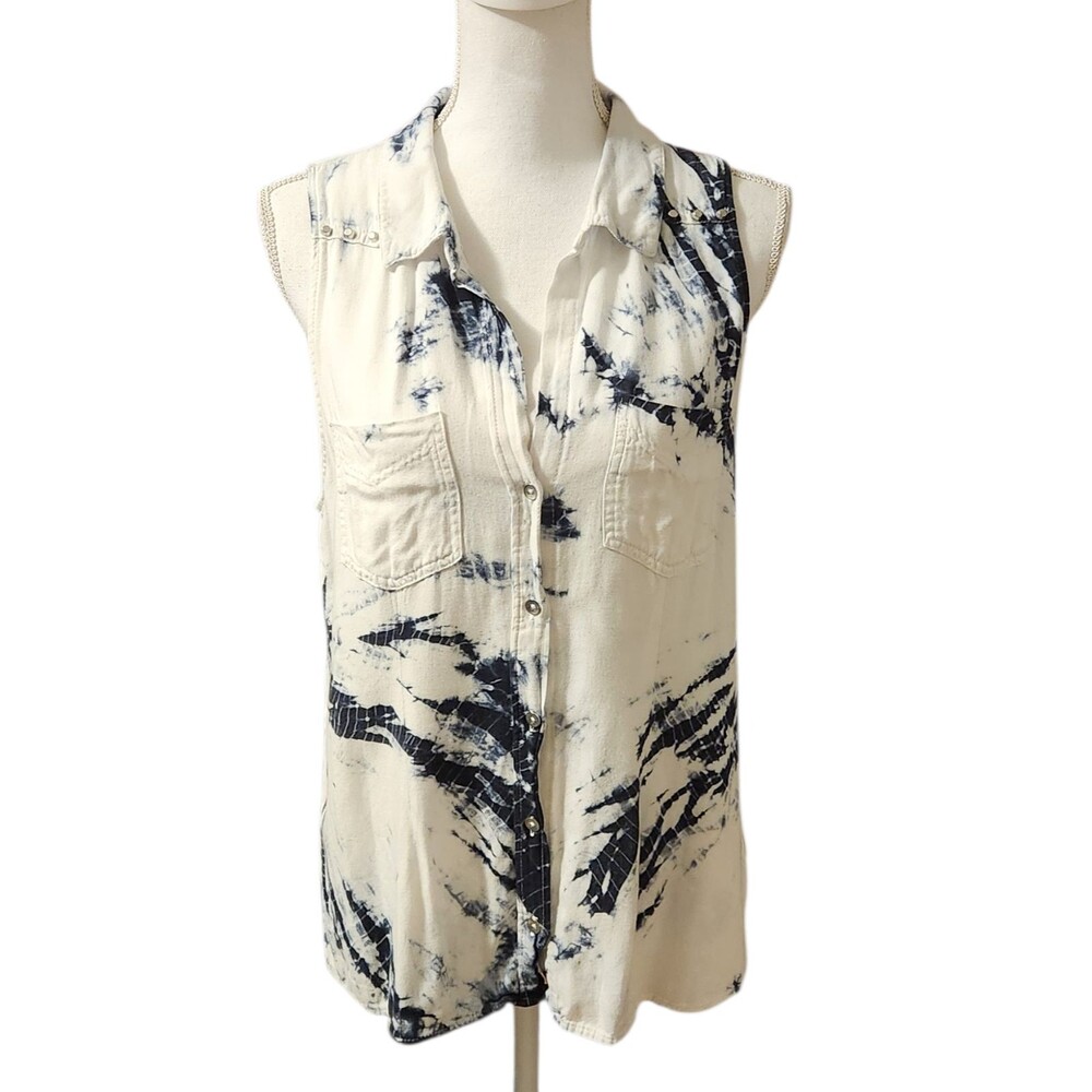 Rock & Republic Button Front Sleeveless Top Hi-Low Blue White Tie-Dye Size M